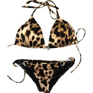 RARE NWOT Victoria’s Secret Gold Toggle Leopard Push Up Bikini Top LG Bottoms SM